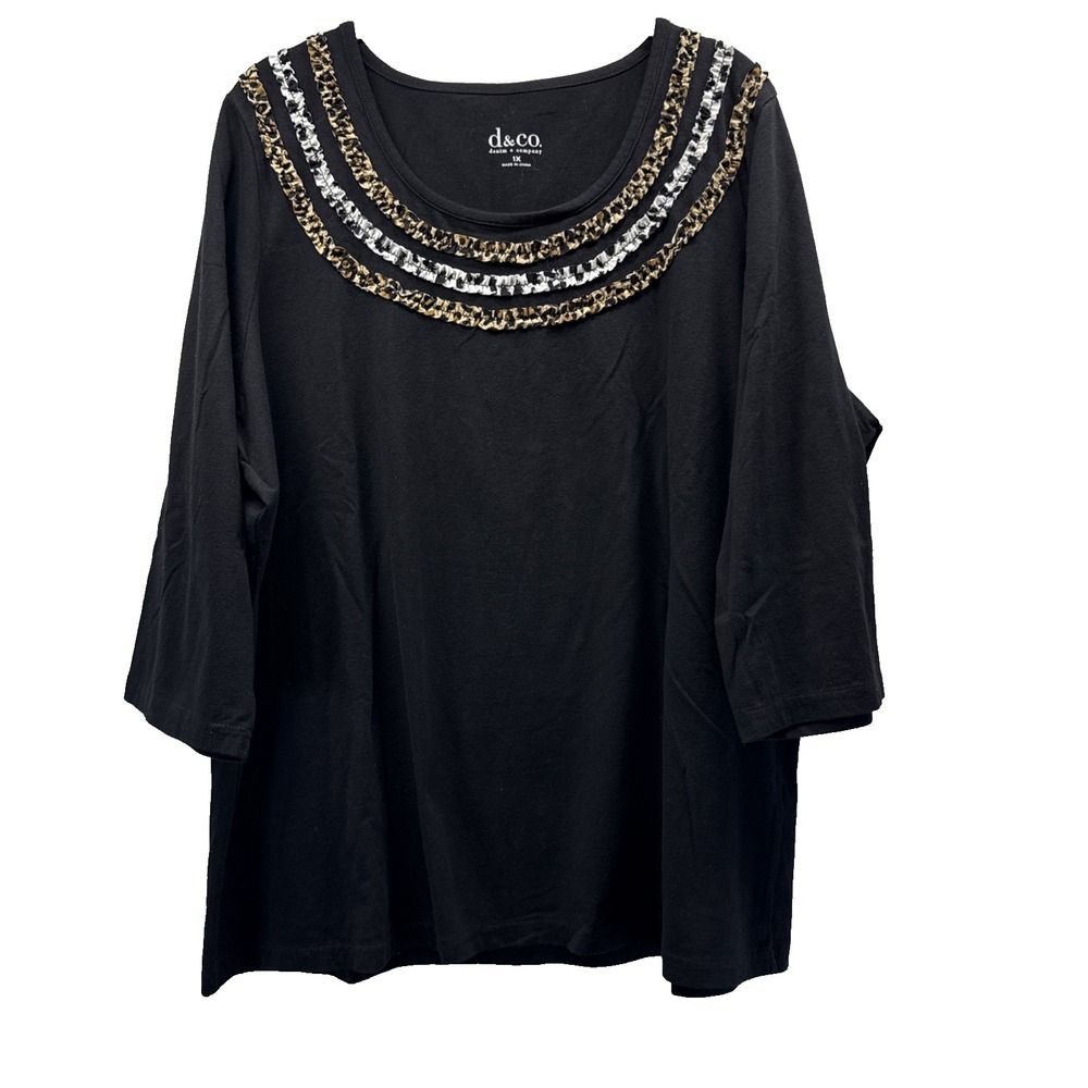Denim & Co Womens Top 1X Plus Black Brown Animal Print Ruffle 3/4 Sleeve Knit